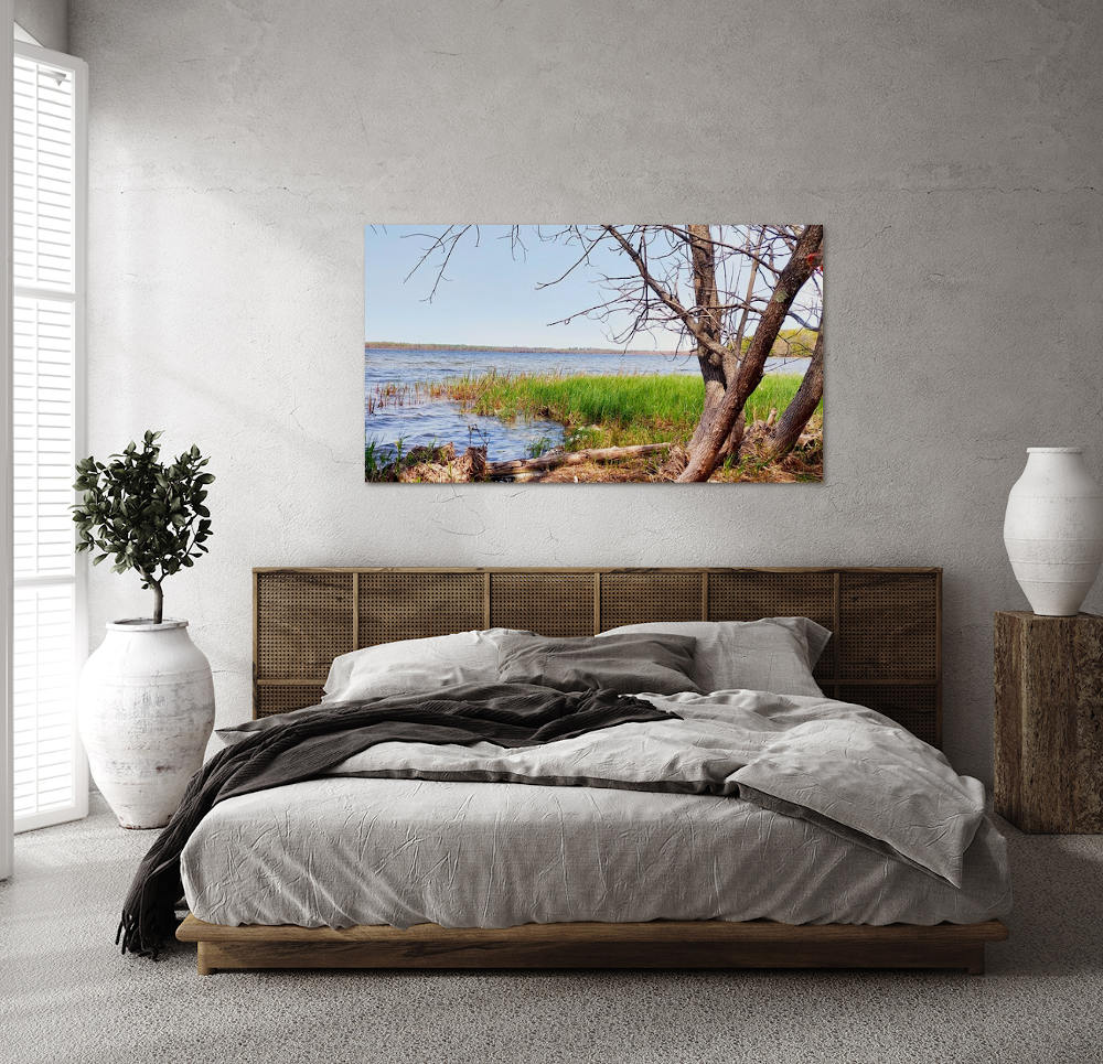 boat-lake-bedroom-wall boat lake canvas mounted in bedroom above bed