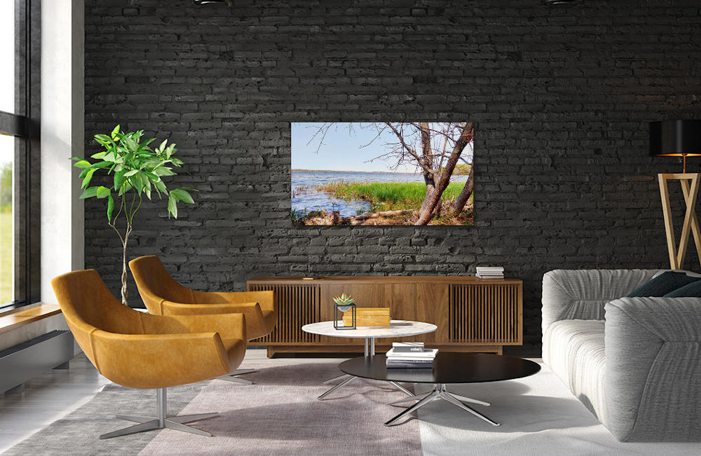 boat-lake-dark-brick-wall boat lake print mounted on dark brick textured wall