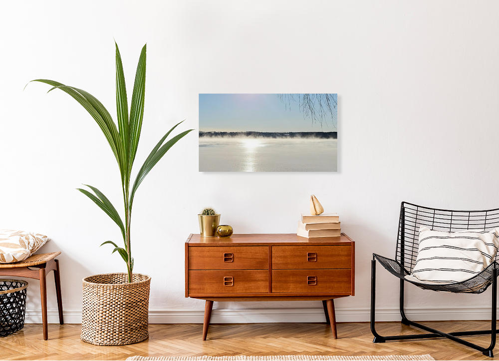 morning-mist-print-desk morning mist print mounted on light coloured wall above small desk