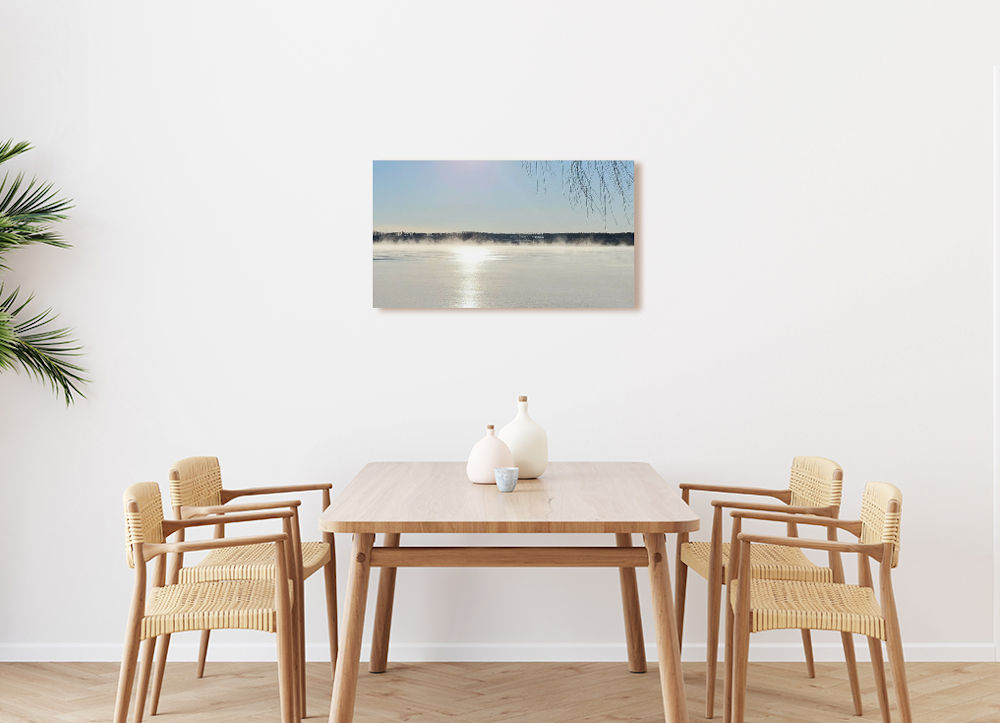 morning-mist-table morning mist mounted on light coloured wall above wood table and chairs