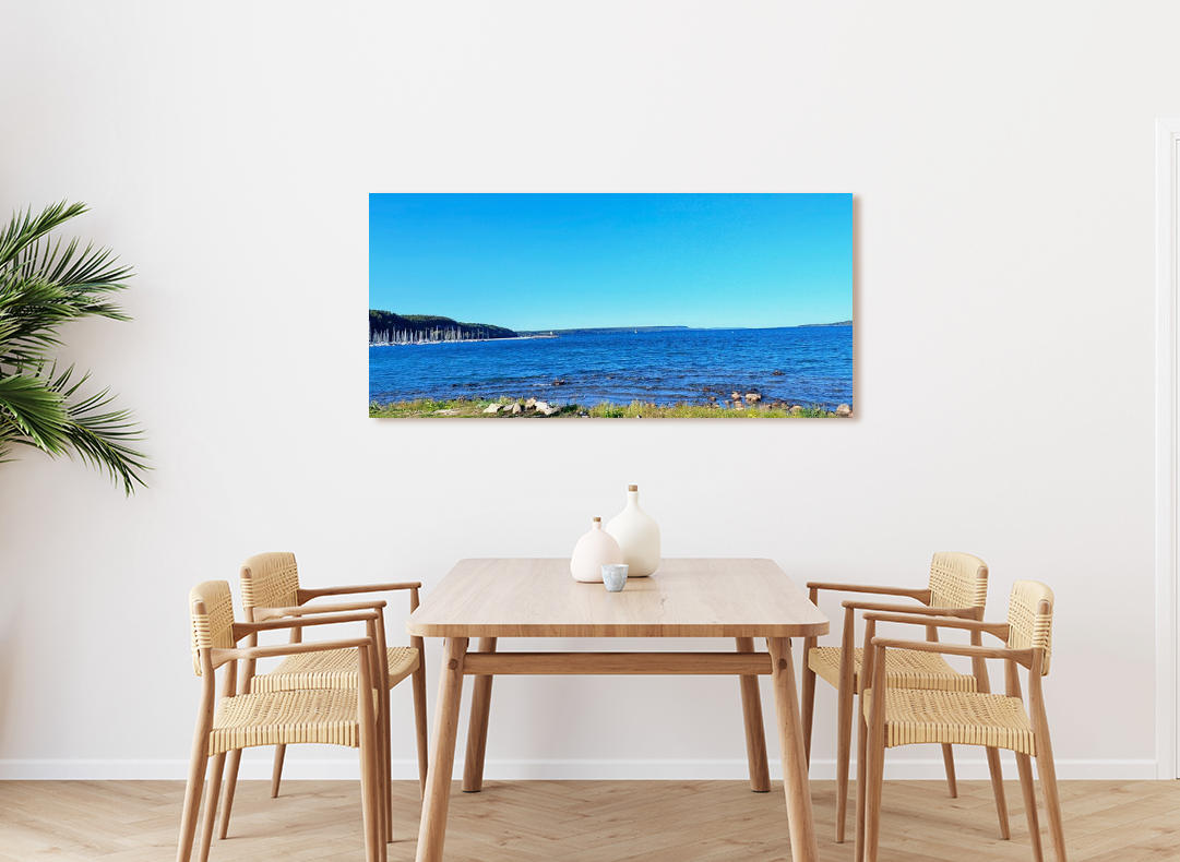wiarton-beach-august-dining-room wiarton beach august print on light coloured wall above dining table and chairs