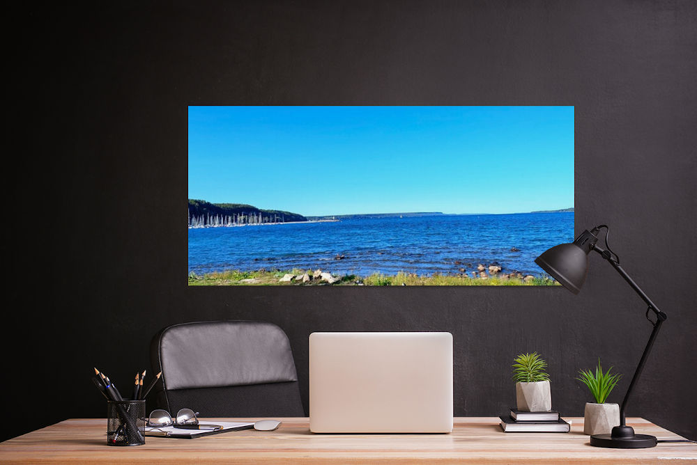 wiarton-beach-august-office wiarton beach august print on dark wall in office with a desk